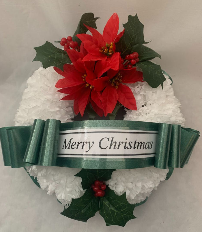 Christmas Green Silk Flower Wreath Ring Tribute Poinsettia Cluster