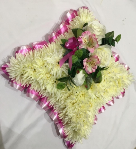 Chrysanthemum Cushion Funeral Tribute Double Ribbon Top View