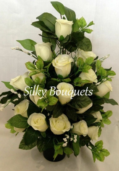 Quality Artificial /Silk Flower Arrangement In a Grave/Memorial/Crem Pot Vase 