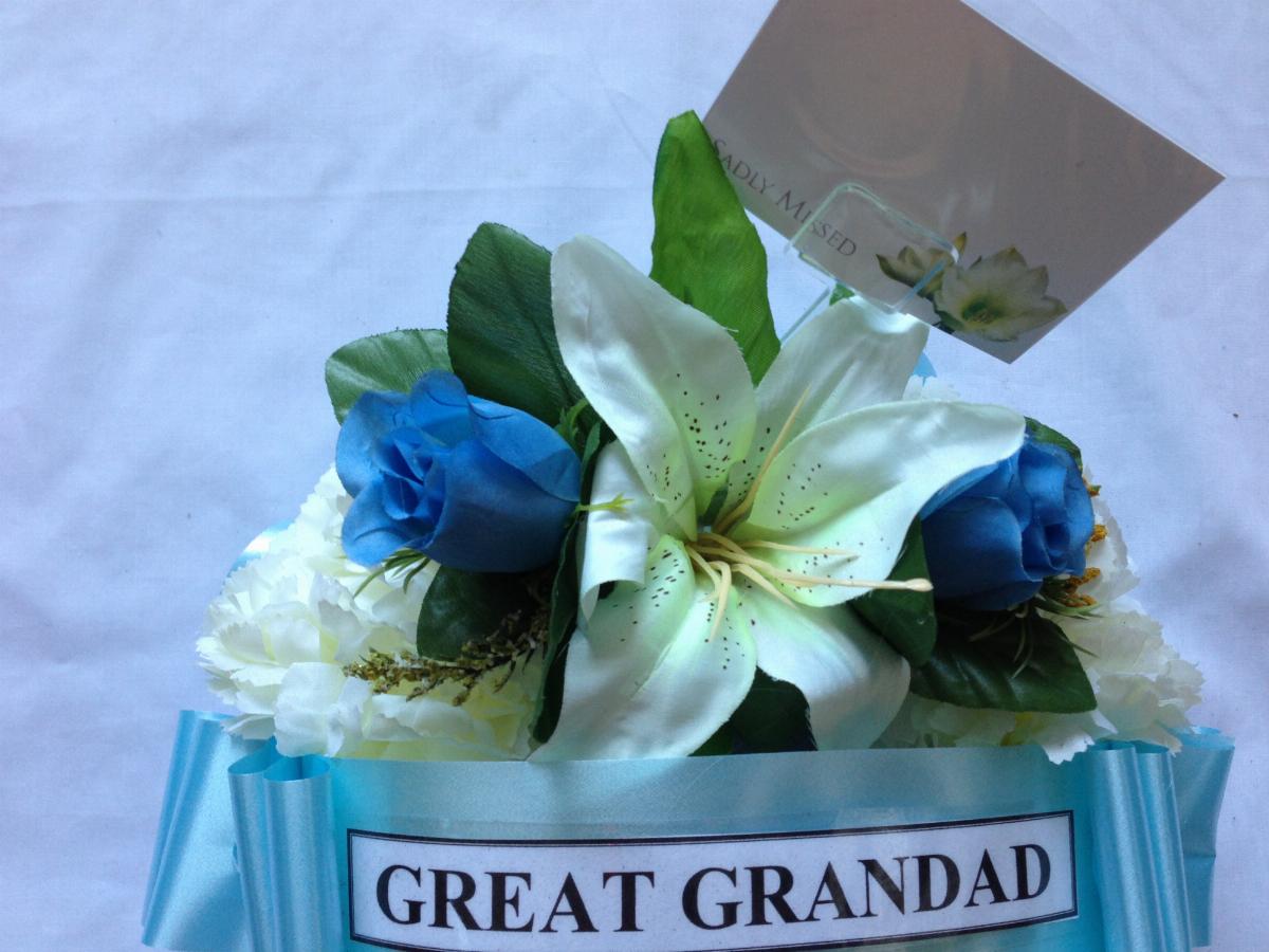 Wreath Funeral Tribute Baby Blue Sash Close Up