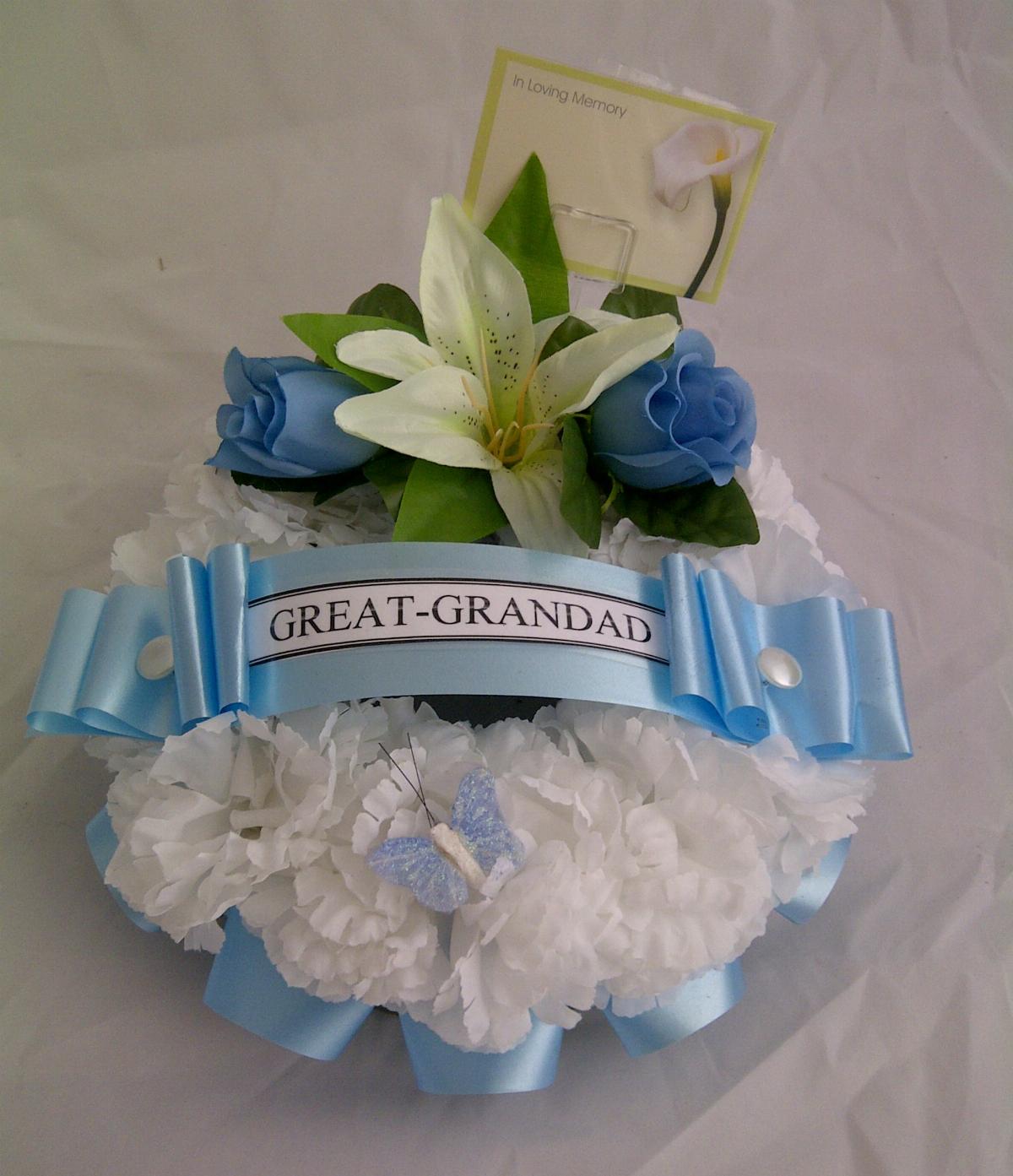 Wreath Funeral Tribute Baby Blue White Sash