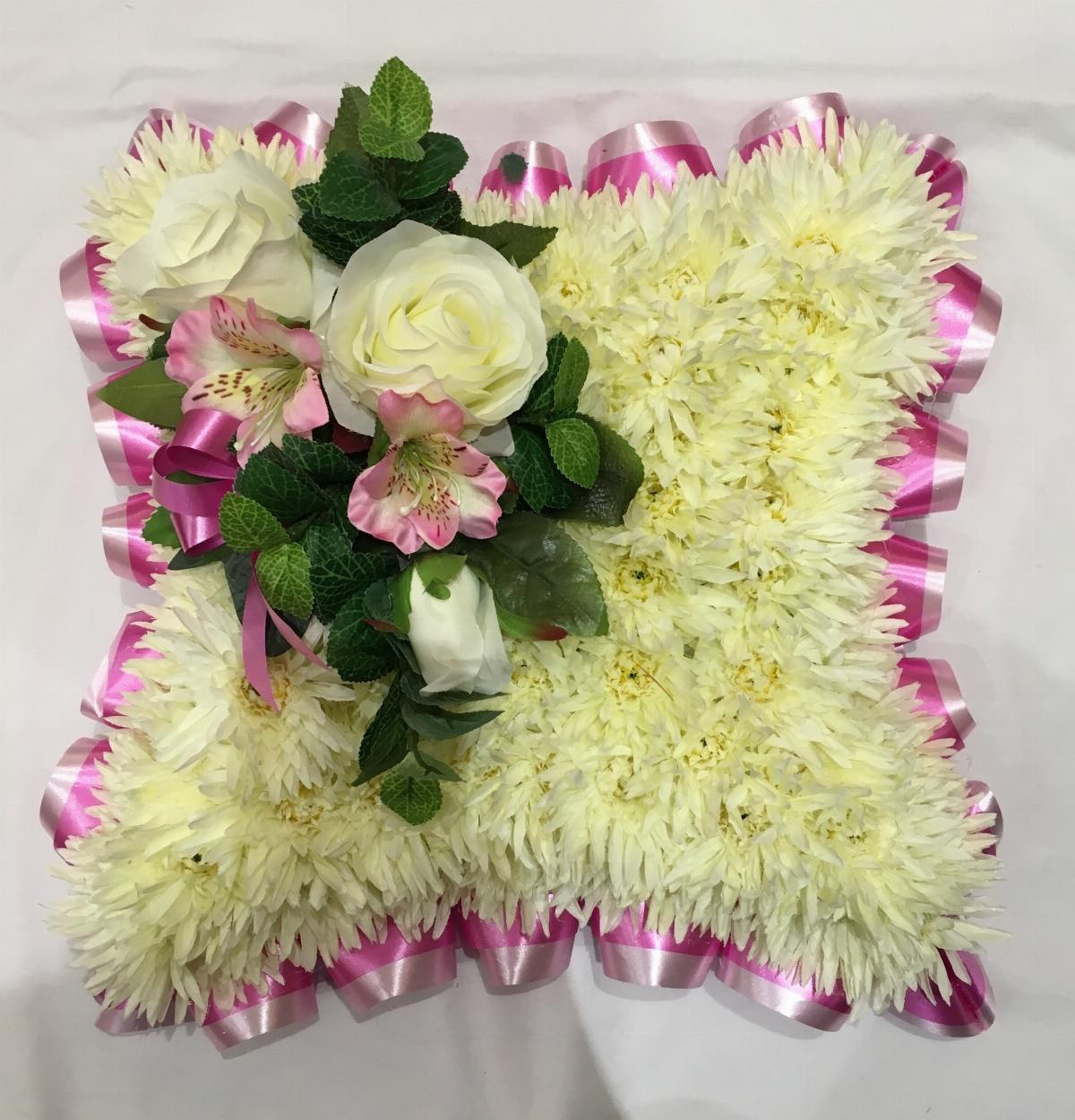 Chrysanthemum Cushion Funeral Tribute Double Ribbon