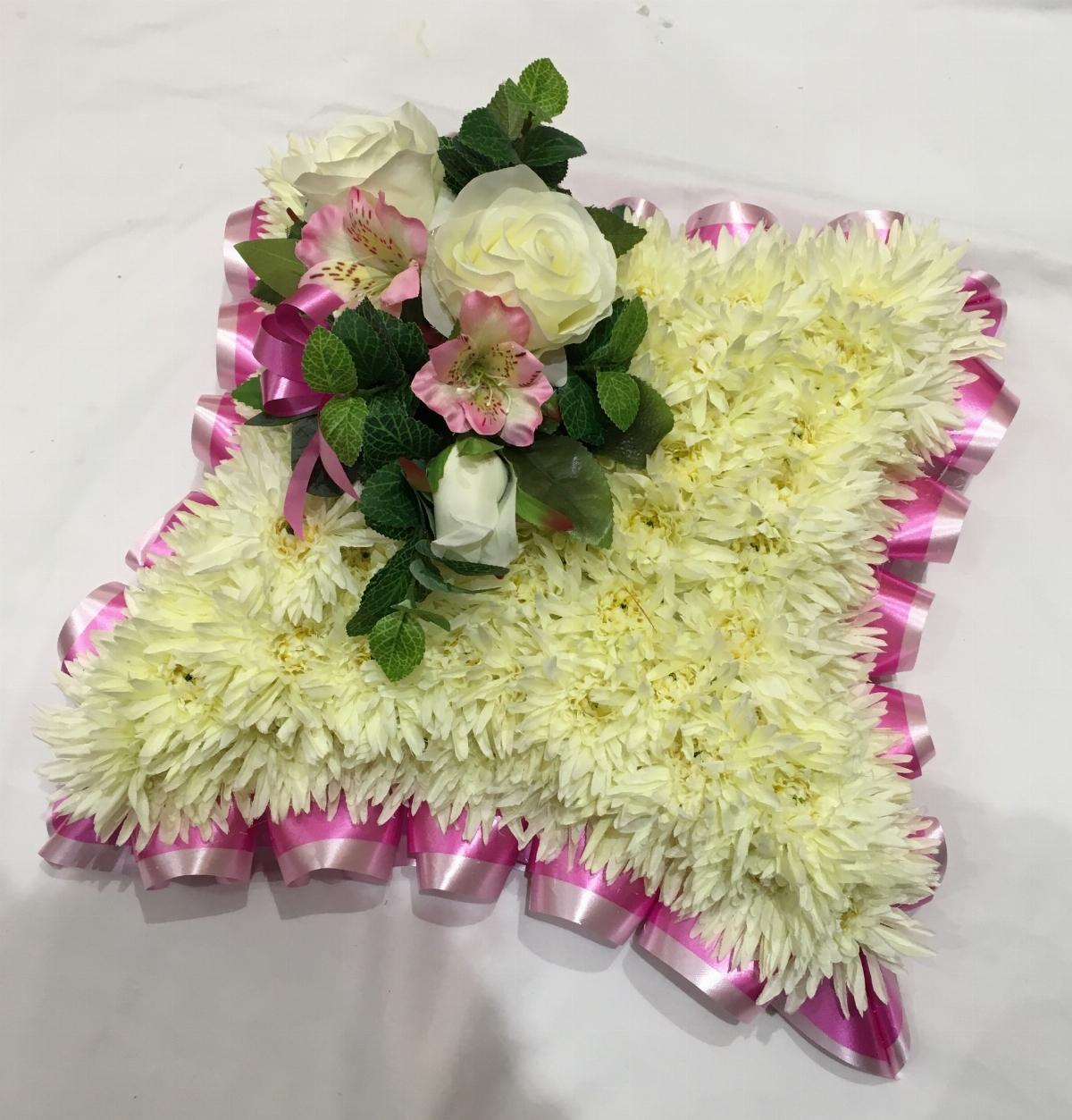 Chrysanthemum Cushion Tribute Memorial Double Ribbon