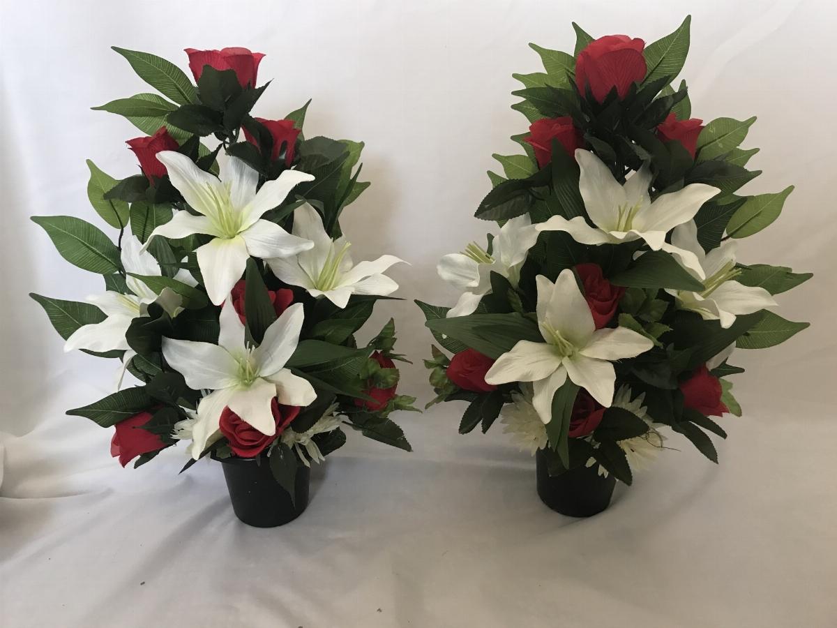Artificial Silk Grave Pot Flowers Flat Back Terracotta Pair Crem Memorial Pots 