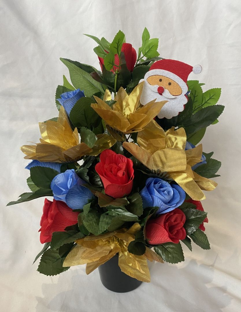 Christmas Flatback Grave Pot Gold Poinsettia Red and Blue Rose Mix